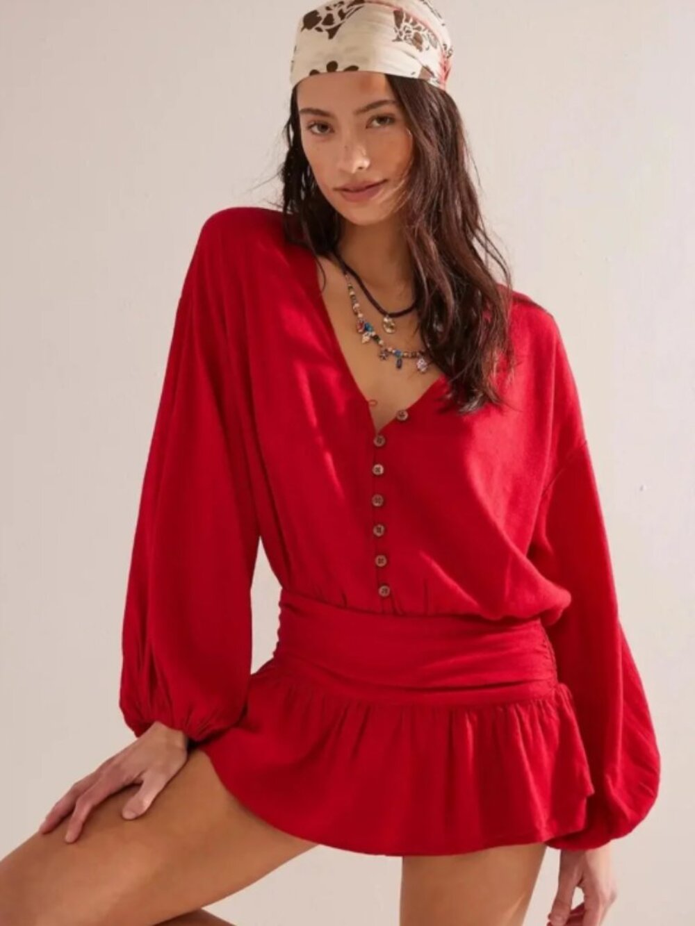Free People Carson Drop-Waist Romper in Red Size Small